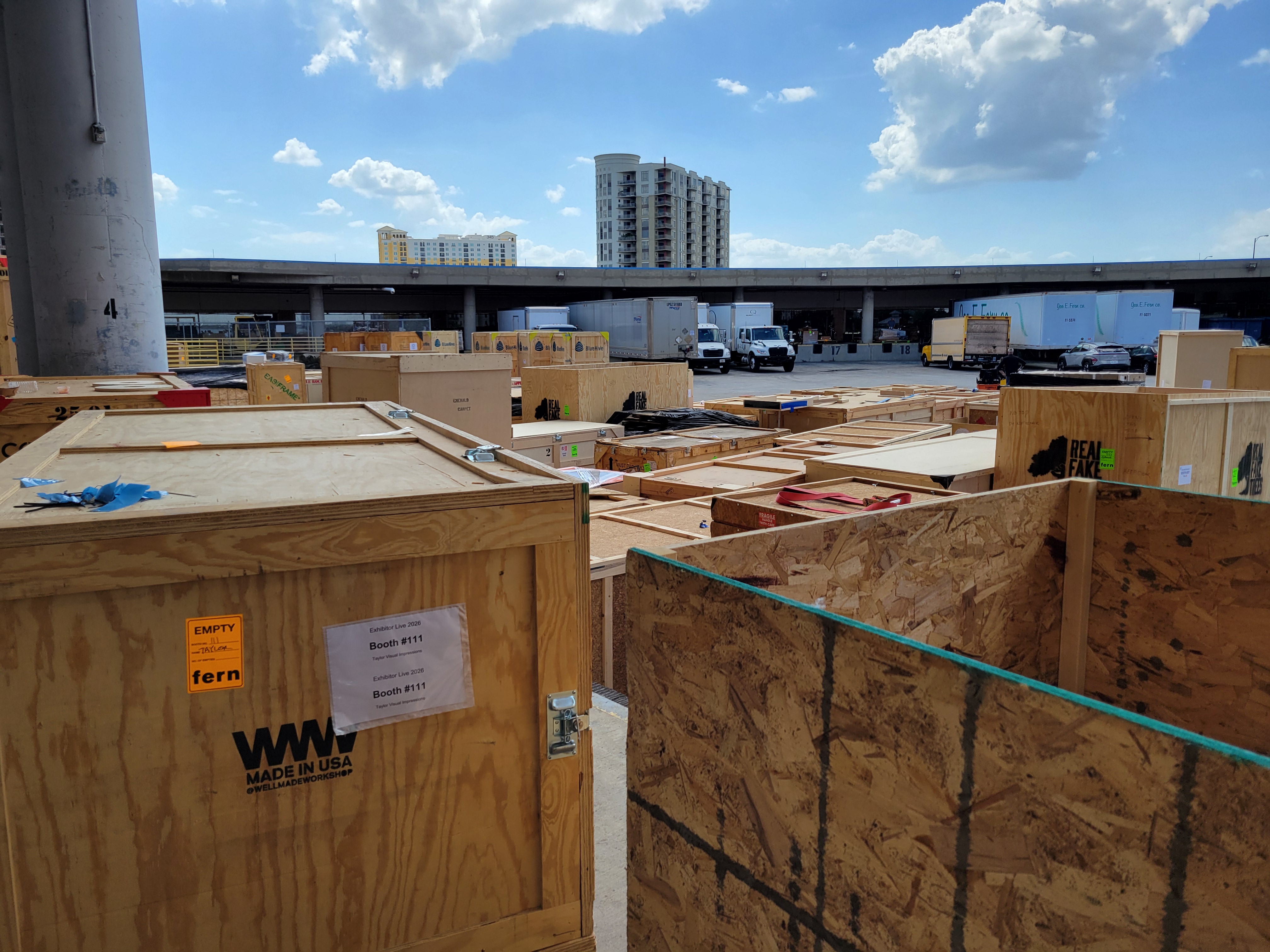 Crates and trucks outside of ExhibitorLive 2026